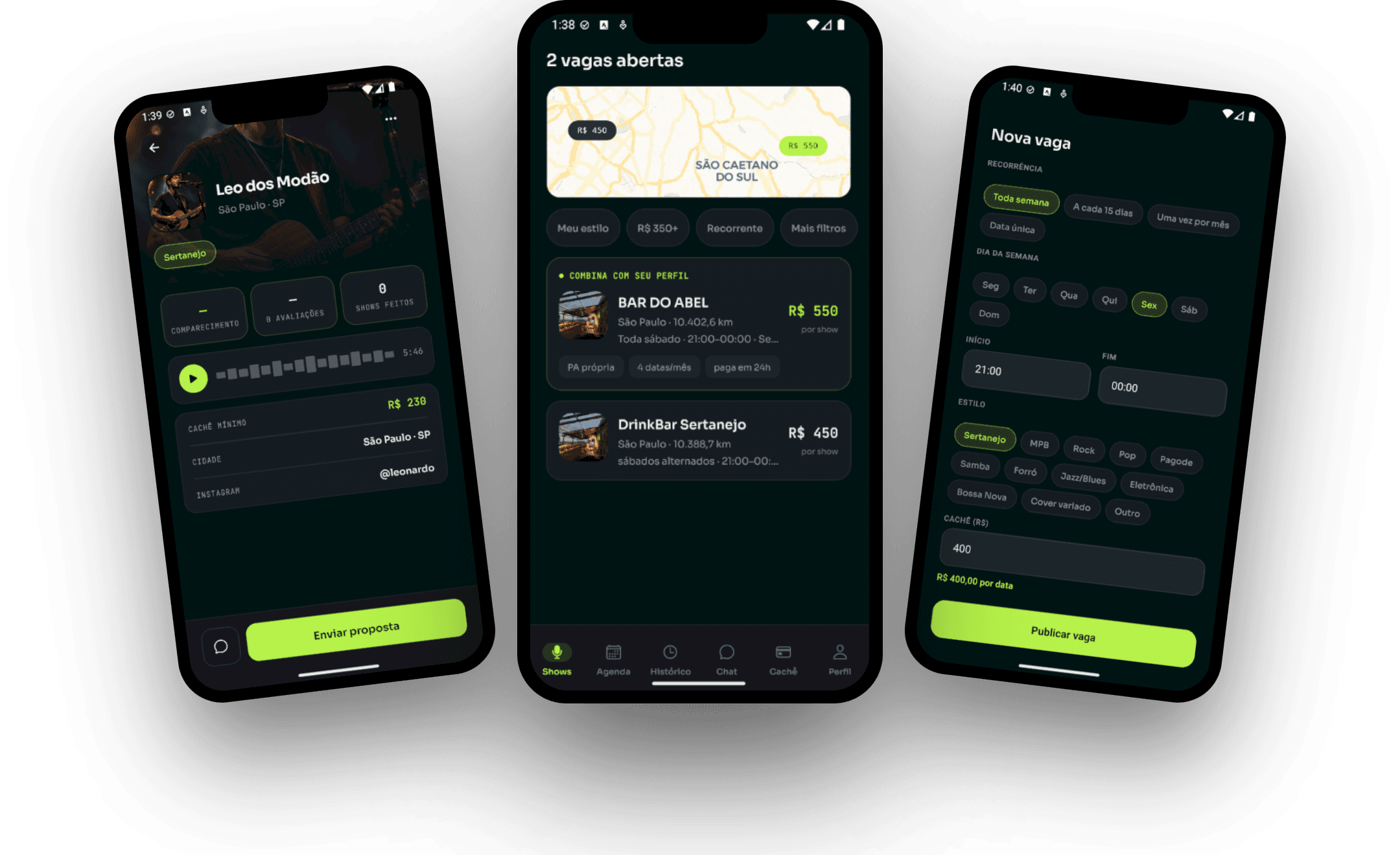 Telas do app CachêCerto: perfil de músico, busca de vagas e publicação de show