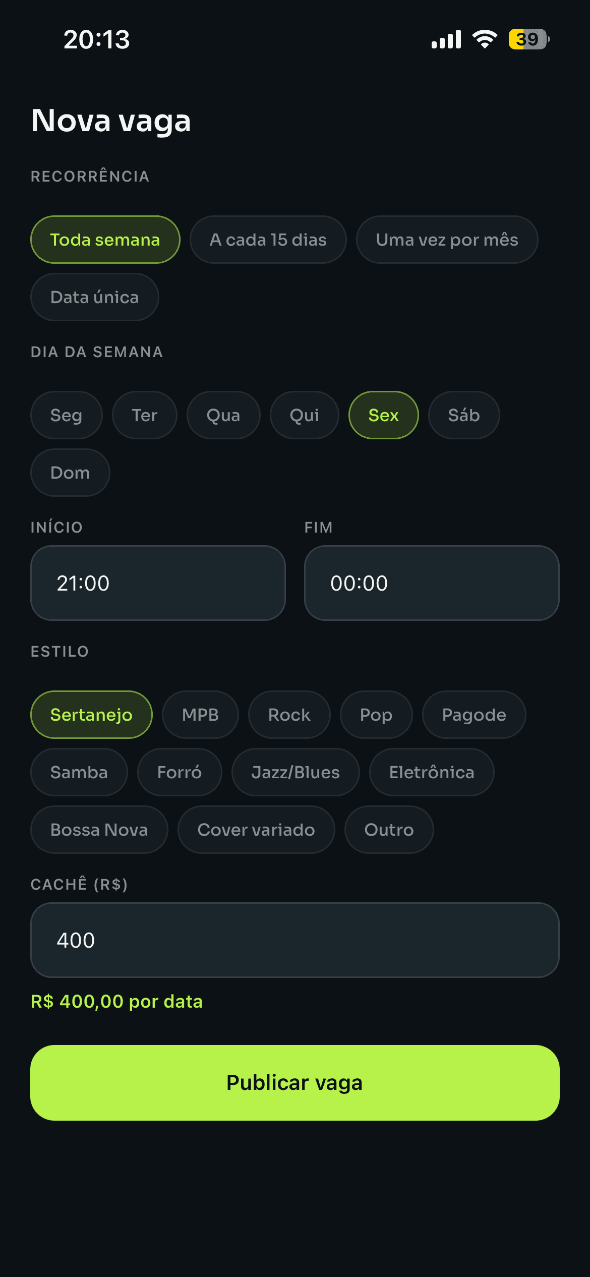 Tela de publicar vaga no app CachêCerto