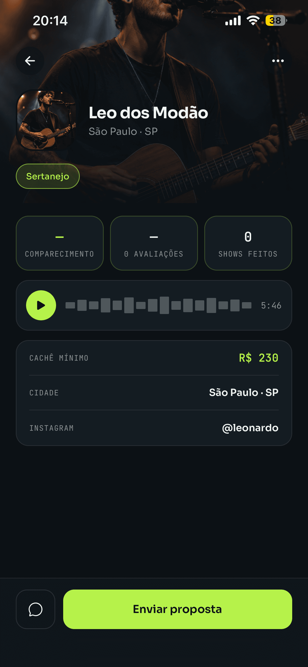 Perfil de músico com taxa de comparecimento e botão de enviar proposta