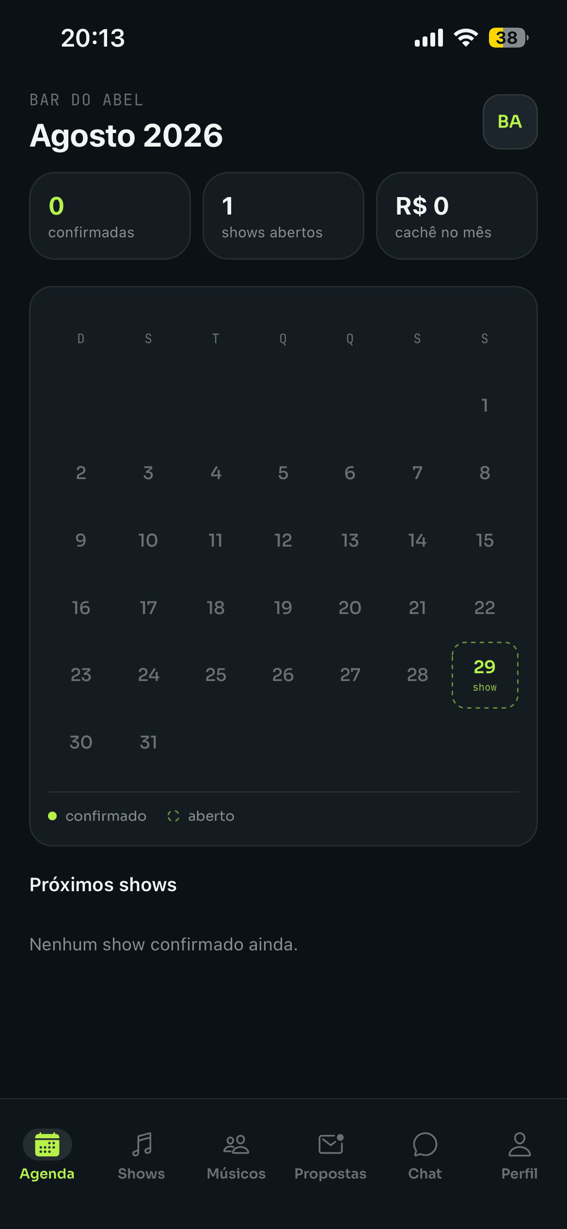 Agenda do bar mostrando os shows confirmados no mês